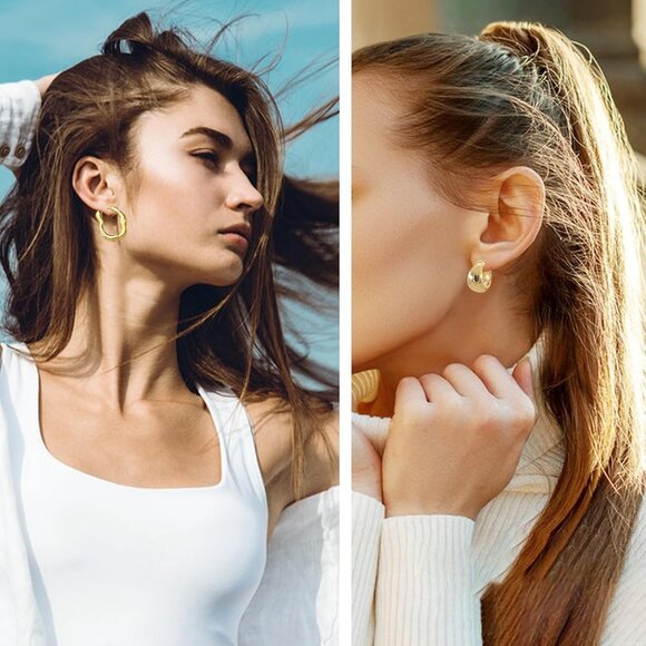 6 Pairs Gold Hoop Earrings Set for Women, 14K Gold Plated Huggie Chunky Earring - Picture 4 of 9